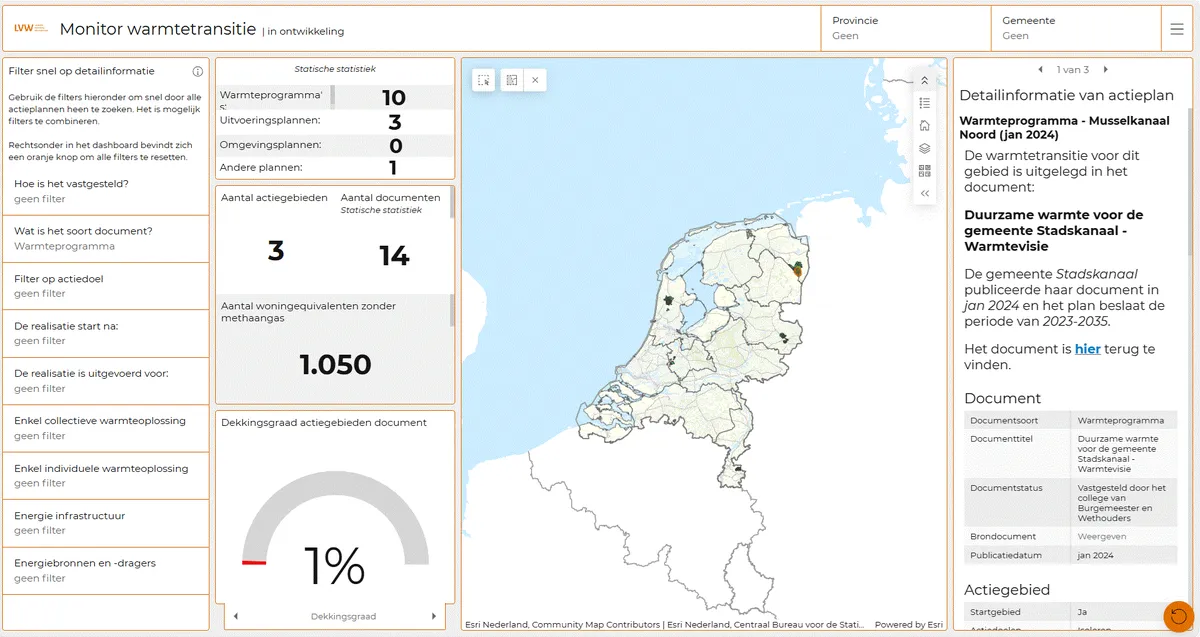 Een impressie van het Dataportaal Warmtetransitie. Centraal staat een kaart van Nederland. Daaromheen staat informatie met bijbehorende getallen over warmteprogramma's, uitvoeringsplannen, omgevingsplannen en andere plannen.