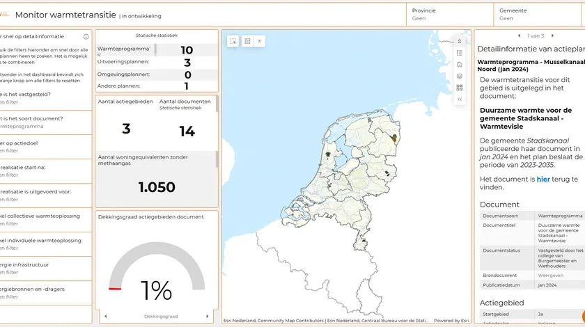 Een impressie van het Dataportaal Warmtetransitie. Centraal staat een kaart van Nederland. Daaromheen staat informatie met bijbehorende getallen over warmteprogramma's, uitvoeringsplannen, omgevingsplannen en andere plannen.