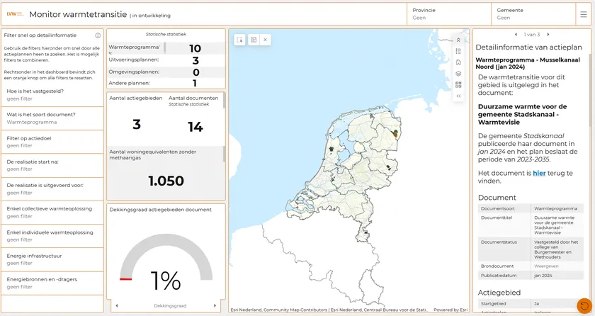 Een impressie van het Dataportaal Warmtetransitie. Centraal staat een kaart van Nederland. Daaromheen staat informatie met bijbehorende getallen over warmteprogramma's, uitvoeringsplannen, omgevingsplannen en andere plannen.