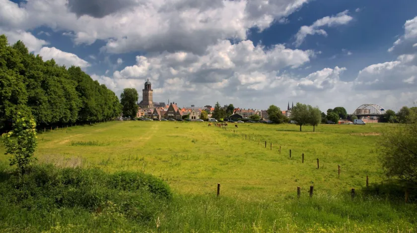 Polderlandschap met stadje en kerk aan de horizon