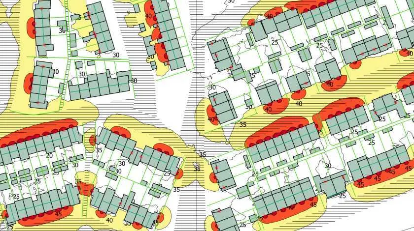 Kaart met schematische weergave van een vinex-woonwijk, waarop lichte en donkere kleuren zijn ingetekend die aangeven in hoeverre er sprake is van veel geluid voor omwonenden als gevolg van plaatsing van een warmtepomp.