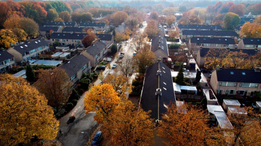 Bovenaanzicht wijk en oranje bomen