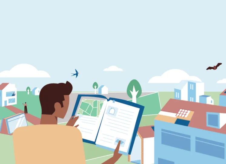 Illustratie van een woonwijk. Erboven vliegt een vleermuis. Op de voorgrond staat een man met een projectplan om de woningen te isoleren.