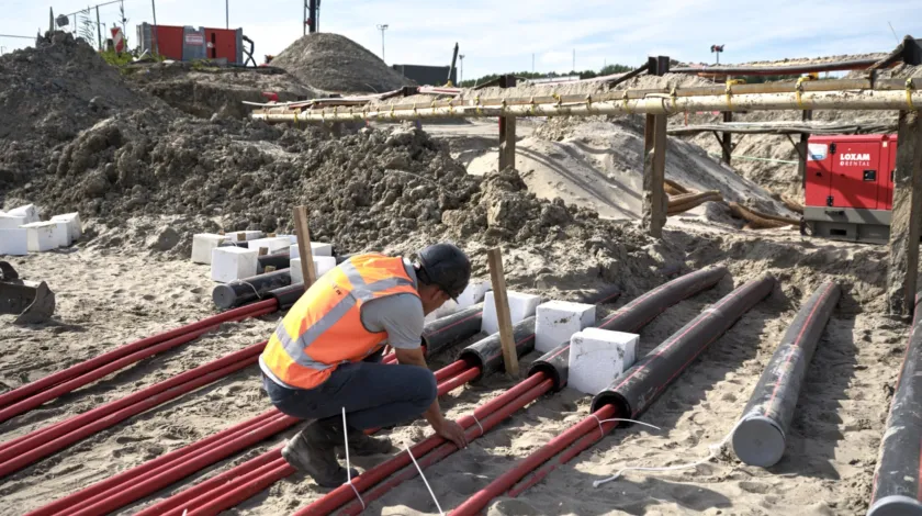 Een man installeert kabelverbindingen op een bouwterrein