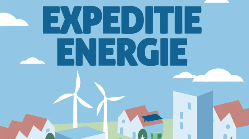 Illustratie van een aantal huizen, flats en windmolens