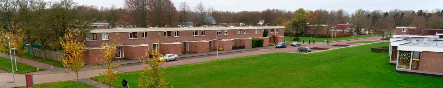 Uitgestrekt grasveld met daarachter laagbouw met platte daken