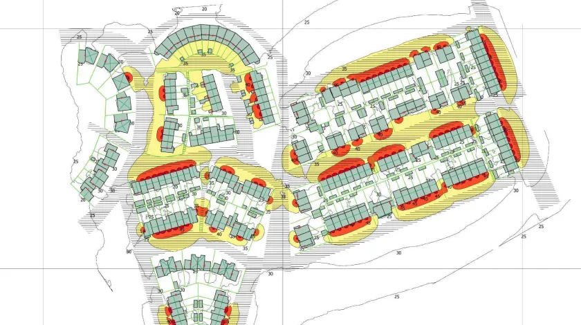 Voorbeeld van een wijkkaart met huizen. Hierop staan stippen waar de warmtepompen zijn opgesteld en gekleurde vlekken waar sprake is van geluidsoverlast.